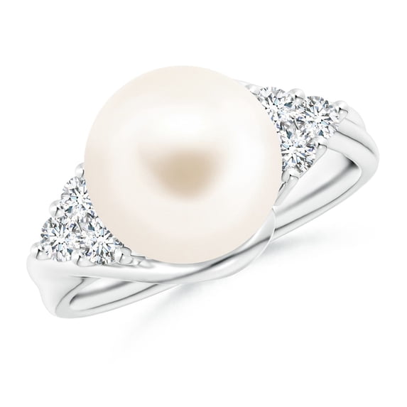 ANGARA Freshwater Cultured Pearl Bypass Ring with Diamond Trio in Platinum for Women | June Birthstone, Birthday, Anniversary, Jewelry Gift for Women | Pearl Ring