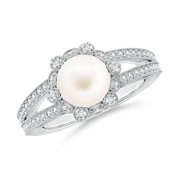 ANGARA Freshwater Cultured Pearl and Diamond Ring with Floral Halo in 14K White Gold for Women | June Birthstone, Birthday, Anniversary, Jewelry Gift for Women | Pearl Ring