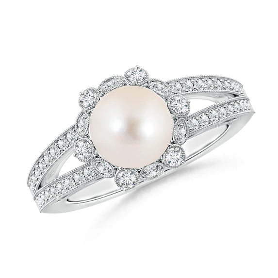ANGARA Freshwater Cultured Pearl and Diamond Ring with Floral Halo in 14K White Gold for Women | June Birthstone, Birthday, Anniversary, Jewelry Gift for Women | Pearl Ring