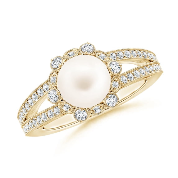 ANGARA Freshwater Cultured Pearl and Diamond Ring with Floral Halo in 14K Yellow Gold for Women | June Birthstone, Birthday, Anniversary, Jewelry Gift for Women | Natural Pearl Ring