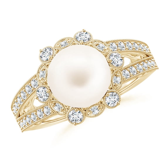 ANGARA Freshwater Cultured Pearl and Diamond Ring with Floral Halo in 14K Yellow Gold for Women | June Birthstone, Birthday, Anniversary, Jewelry Gift for Women | Pearl Ring