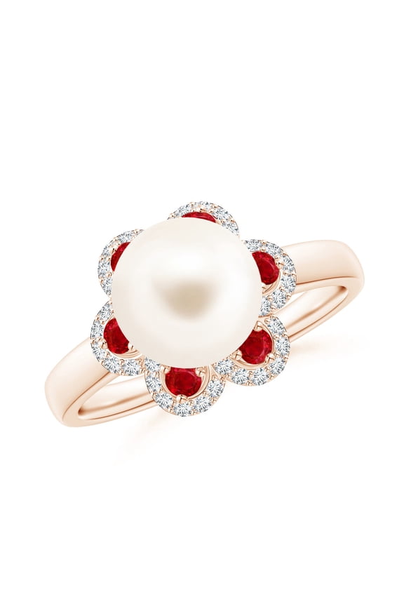 Freshwater Cultured Pearl Floral Ring with Rubies in 14K Rose Gold for Women | June Birthstone, Birthday, Anniversary, Jewelry Gift for Women | Pearl Ring