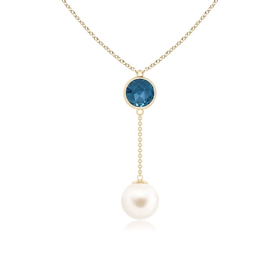 ANGARA Freshwater Cultured Pearl & London Blue Topaz Lariat Necklace in 14K Yellow Gold for Women | June Birthstone, Birthday, Anniversary, Jewelry Gift for Women | Pearl Necklace