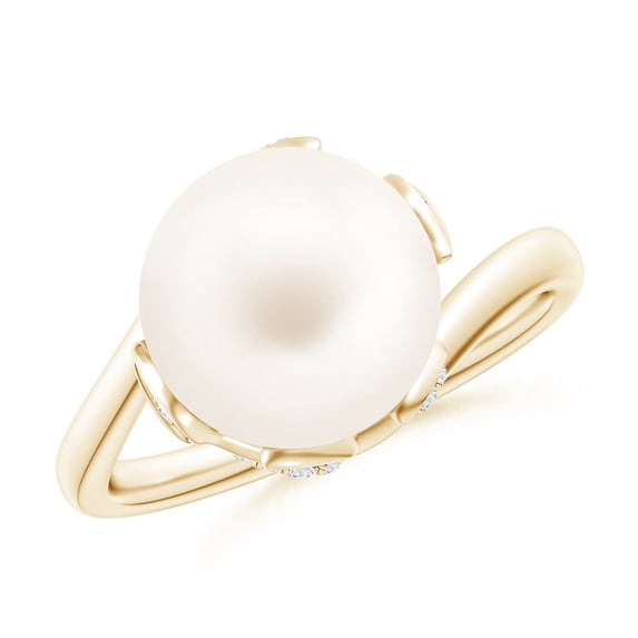 ANGARA Freshwater Cultured Pearl Olive Leaf Bypass Ring in 14K Yellow Gold for Women | June Birthstone, Birthday, Anniversary, Jewelry Gift for Women | Pearl Ring