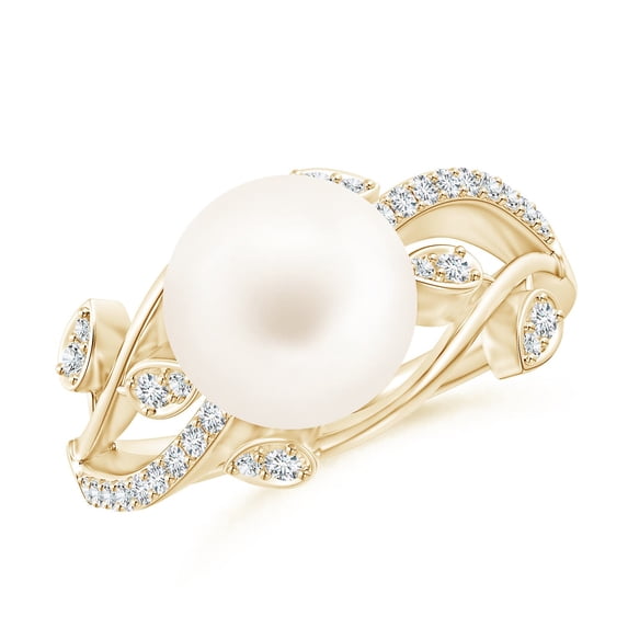 ANGARA Freshwater Cultured Pearl Olive Leaf Vine Ring in 14K Yellow Gold for Women | June Birthstone, Birthday, Anniversary, Jewelry Gift for Women | Pearl Ring