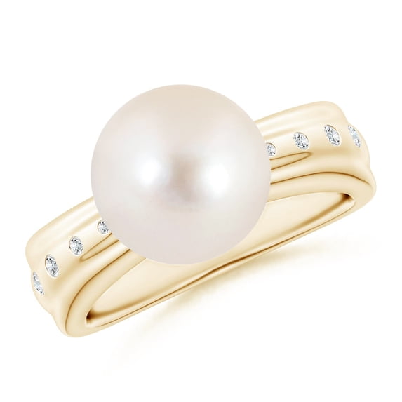 ANGARA Freshwater Cultured Pearl Ring with Flush-Set Diamonds in 14K Yellow Gold for Women | June Birthstone, Birthday, Anniversary, Jewelry Gift for Women | Pearl Ring