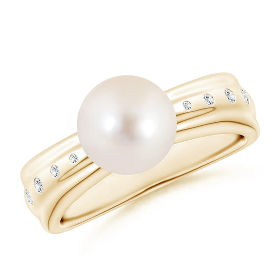 ANGARA Freshwater Cultured Pearl Ring with Flush-Set Diamonds in 14K Yellow Gold for Women | June Birthstone, Birthday, Anniversary, Jewelry Gift for Women | Pearl Ring