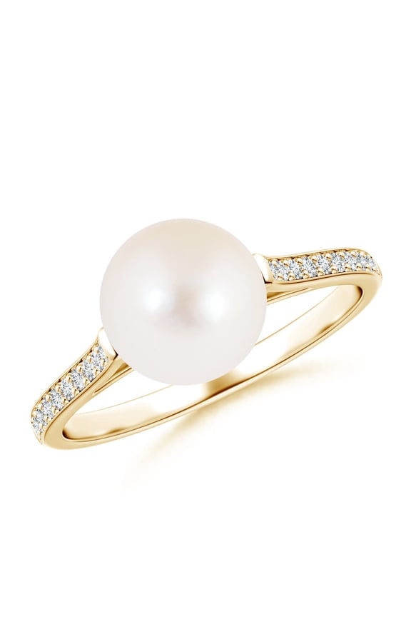 Freshwater Cultured Pearl Ring with Pave Diamonds in 14K Yellow Gold for Women | June Birthstone, Birthday, Anniversary, Jewelry Gift for Women | Pearl Ring