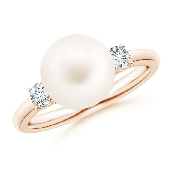 ANGARA Freshwater Cultured Pearl Three Stone Ring with Diamonds in 14K Rose Gold for Women | June Birthstone, Birthday, Anniversary, Jewelry Gift for Women | Pearl Ring