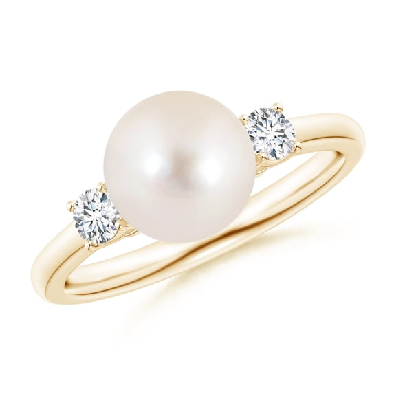 ANGARA Freshwater Cultured Pearl Three Stone Ring with Diamonds in 14K Yellow Gold for Women | June Birthstone, Birthday, Anniversary, Jewelry Gift for Women | Pearl Ring