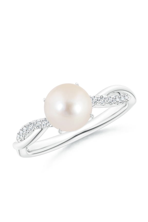 Freshwater Cultured Pearl Twist Shank Ring with Diamonds in 14K White Gold for Women | June Birthstone, Birthday, Anniversary, Jewelry Gift for Women | Pearl Ring