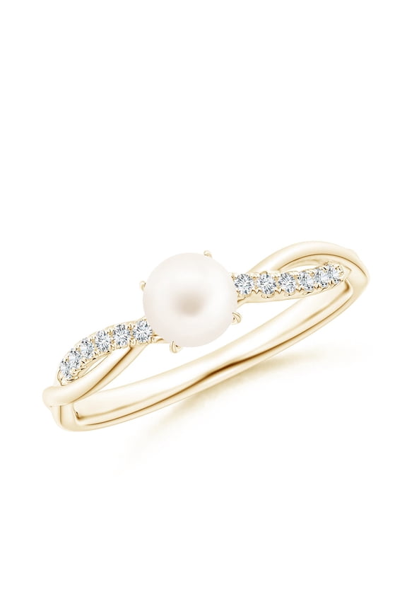 Freshwater Cultured Pearl Twist Shank Ring with Diamonds in 14K Yellow Gold for Women | June Birthstone, Birthday, Anniversary, Jewelry Gift for Women | Pearl Ring