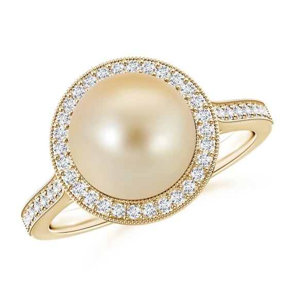 ANGARA Golden South Sea Cultured Pearl Halo Ring with Milgrain in 14K Yellow Gold for Women | June Birthstone, Birthday, Anniversary, Jewelry Gift for Women | Pearl Ring