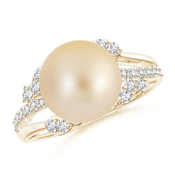 ANGARA Golden South Sea Cultured Pearl and Leaf Ring with Diamonds in 14K Yellow Gold for Women | June Birthstone, Birthday, Anniversary, Jewelry Gift for Women | Pearl Ring