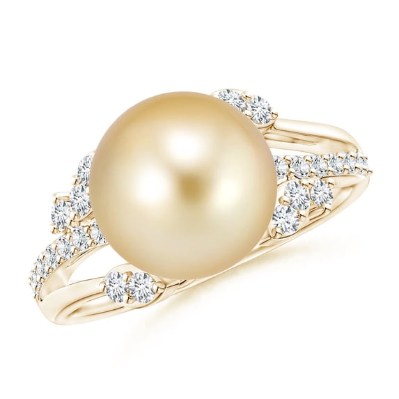 ANGARA Golden South Sea Cultured Pearl and Leaf Ring with Diamonds in 14K Yellow Gold for Women | June Birthstone, Birthday, Anniversary, Jewelry Gift for Women | Pearl Ring
