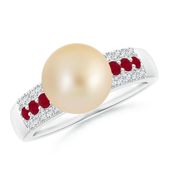 ANGARA Golden South Sea Cultured Pearl Ring with Rubies in 14K White Gold for Women | June Birthstone, Birthday, Anniversary, Jewelry Gift for Women | Pearl Ring