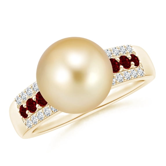 ANGARA Golden South Sea Cultured Pearl Ring with Rubies in 14K Yellow Gold for Women | June Birthstone, Birthday, Anniversary, Jewelry Gift for Women | Pearl Ring