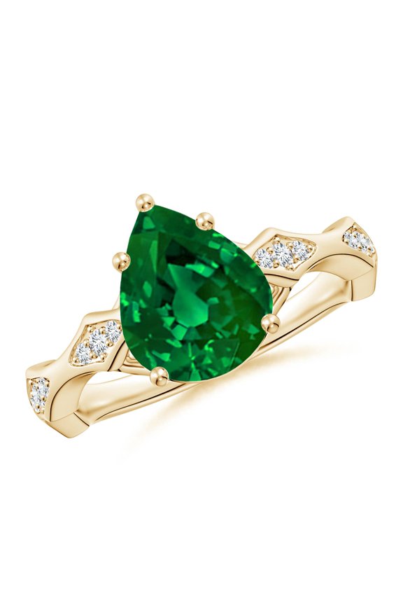 Inverted Pear Lab Grown 2.2 Ct Emerald Wavy Shank Engagement Ring in 14K Yellow Gold for Women (Size-10x8mm) | May Birthstone, Anniversary, Jewelry Gift for Women | Lab Grown Emerald Ring