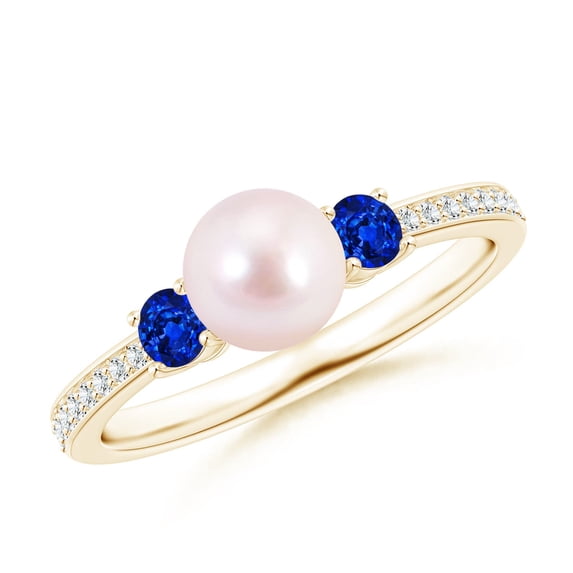 ANGARA Japanese Akoya Cultured Pearl & Blue Sapphire Engagement Ring in 14K Yellow Gold for Women | June Birthstone, Birthday, Anniversary, Jewelry Gift for Women | Natural Pearl Ring