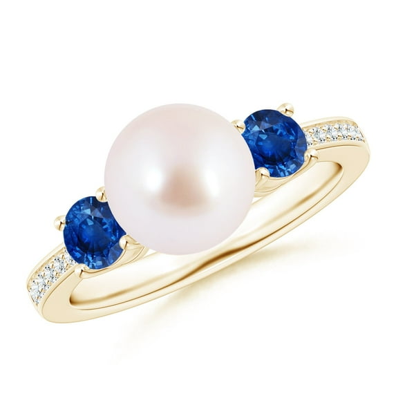 ANGARA Japanese Akoya Cultured Pearl & Blue Sapphire Engagement Ring in 14K Yellow Gold for Women | June Birthstone, Birthday, Anniversary, Jewelry Gift for Women | Pearl Ring