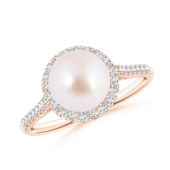 ANGARA Japanese Akoya Cultured Pearl Diamond Halo Ring in 14K Rose Gold for Women | June Birthstone, Birthday, Anniversary, Jewelry Gift for Women | Pearl Ring