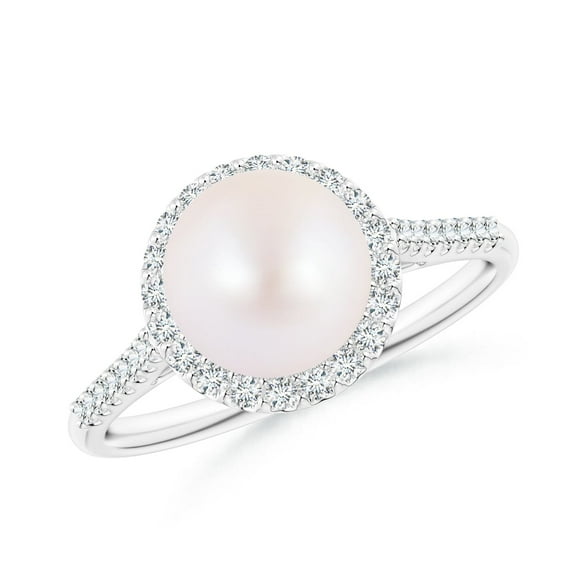 ANGARA Japanese Akoya Cultured Pearl Diamond Halo Ring in 14K White Gold for Women | June Birthstone, Birthday, Anniversary, Jewelry Gift for Women | Pearl Ring