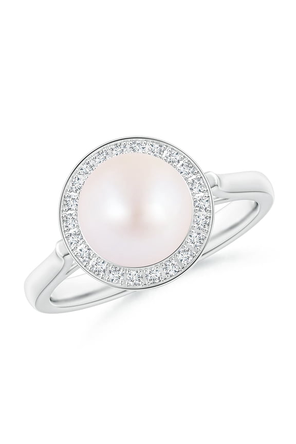 Japanese Akoya Cultured Pearl Ring with Pave Diamond Halo in 14K White Gold for Women | June Birthstone, Birthday, Anniversary, Jewelry Gift for Women | Natural Pearl Ring