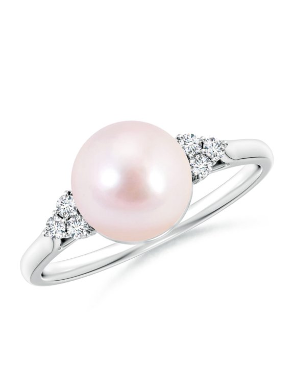 Japanese Akoya Cultured Pearl Ring with Trio Diamonds in 925 Sterling Silver for Women | June Birthstone, Birthday, Anniversary, Jewelry Gift for Women | Pearl Ring
