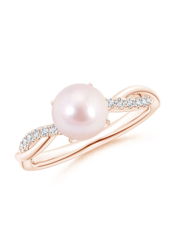 Japanese Akoya Cultured Pearl Twist Shank Ring with Diamonds in 14K Rose Gold for Women | June Birthstone, Birthday, Anniversary, Jewelry Gift for Women | Pearl Ring
