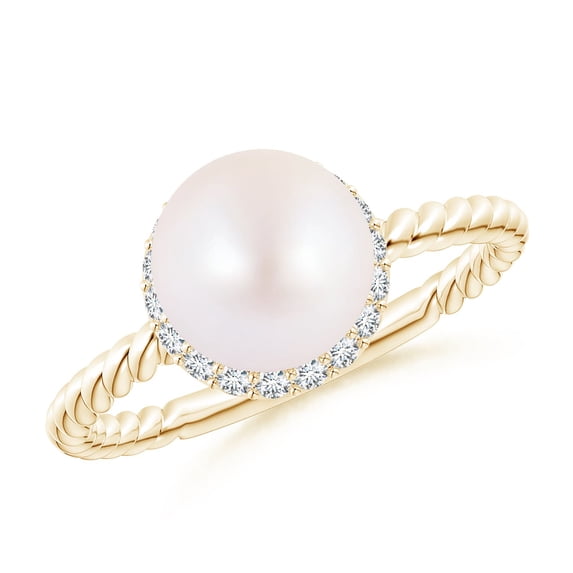 ANGARA Japanese Akoya Cultured Pearl Twisted Rope Shank Ring in 14K Yellow Gold for Women | June Birthstone, Birthday, Anniversary, Jewelry Gift for Women | Pearl Ring