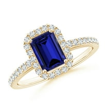 ANGARA Lab Grown 1.05 Ct Emerald-Cut Blue Sapphire Halo Ring for Women in 14K Yellow Gold (Size-7x5mm) | September Birthstone, Anniversary, Jewelry Gift for Women | Lab-Grown Blue Sapphire Ring