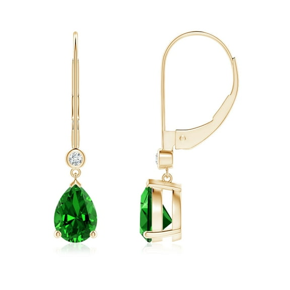 ANGARA Lab Grown 1.2 Ct Emerald Leverback Drop Earrings with Lab Diamond for Women in 14K Yellow Gold (Size-7x5mm) | May Birthstone, Anniversary, Jewelry Gift for Women | Lab-Grown Emerald Earrings