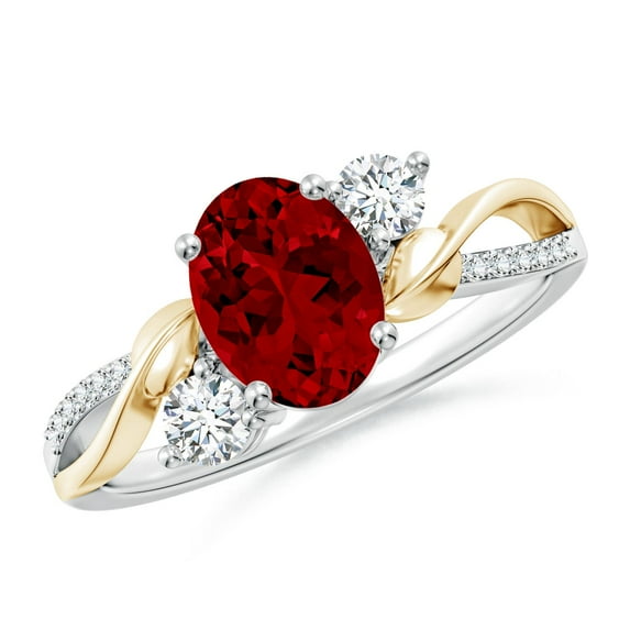 ANGARA Lab Grown 1.25 Ct Ruby Twisted Vine Engagement Ring for Women in 14K White & Yellow Gold (Size-8x6mm) | July Birthstone, Anniversary, Jewelry Gift for Women | Lab-Grown Ruby Ring