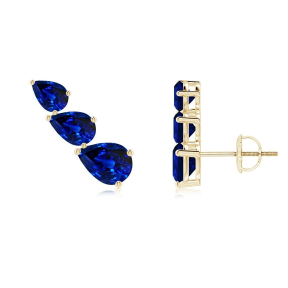 ANGARA Lab Grown 1.5 Ct Blue Sapphire 3 Stone Climber Earrings for Women in 14K Yellow Gold (Size-7x5mm) | September Birthstone, Anniversary, Jewelry Gift for Women | Lab-Grown Blue Sapphire Earrings