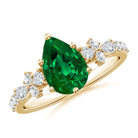 ANGARA Lab Grown 1.5 Ct Pear-Shaped Emerald Side Stone Engagement Ring for Women in 14K Yellow Gold (Size-9x7mm) | May Birthstone, Anniversary, Jewelry Gift for Women | Lab-Grown Emerald Ring