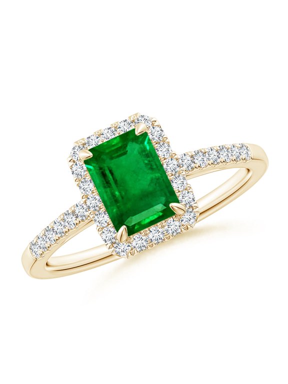 Lab Grown 1 Ct Emerald-Cut Emerald Ring with Diamond Halo for Women in 14K Yellow Gold (Size-7x5mm) | May Birthstone, Birthday, Anniversary, Jewelry Gift for Women | Lab-Grown Emerald Ring
