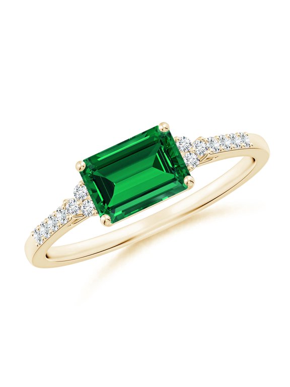 Lab Grown 1 Ct Emerald-Cut Emerald Side Stone Engagement Ring for Women in 14K Yellow Gold (Size-7x5mm) | May Birthstone, Birthday, Anniversary, Jewelry Gift for Women | Lab-Grown Emerald Ring