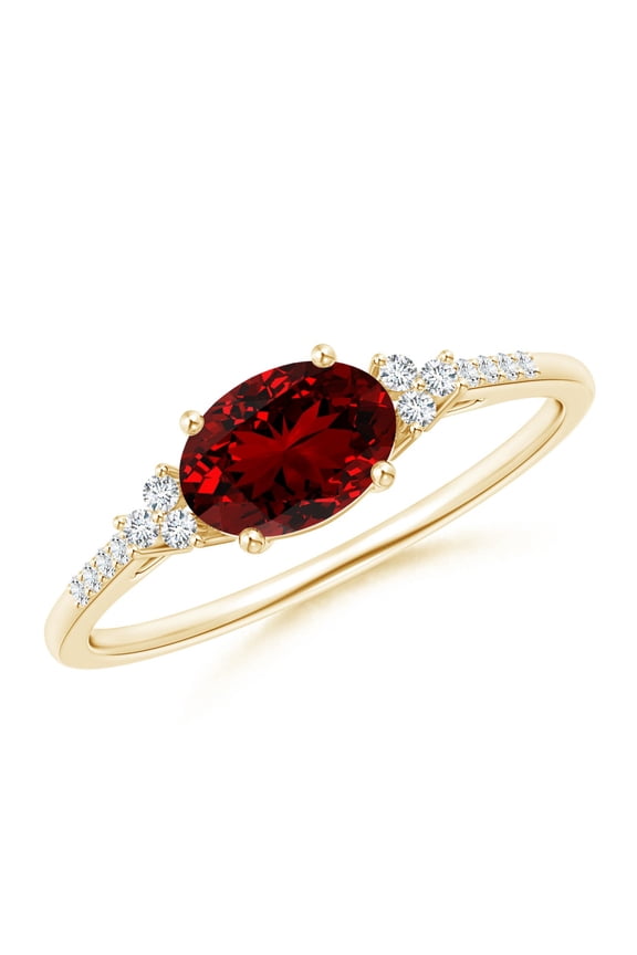 Lab Grown 1 Ct Ruby Engagement Ring with Trio Diamond Accents for Women in 14K Yellow Gold (Size-7x5mm) | July Birthstone, Anniversary, Jewelry Gift for Women | Lab-Grown Ruby Ring