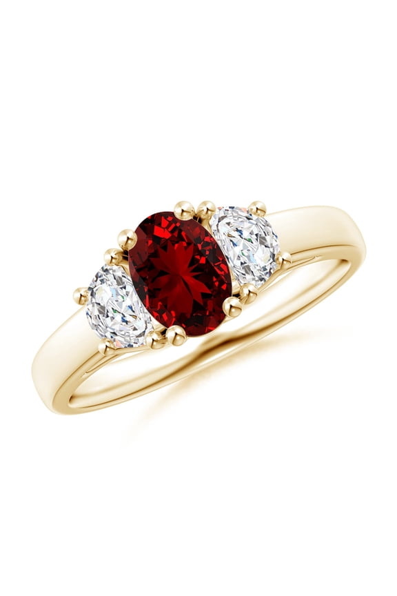 Lab Grown 1 Ct Three Stone Oval Ruby and Half Moon Lab Diamond Ring for Women in 14K Yellow Gold (Size-7x5mm) | July Birthstone, Anniversary, Jewelry Gift for Women | Lab-Grown Ruby Ring