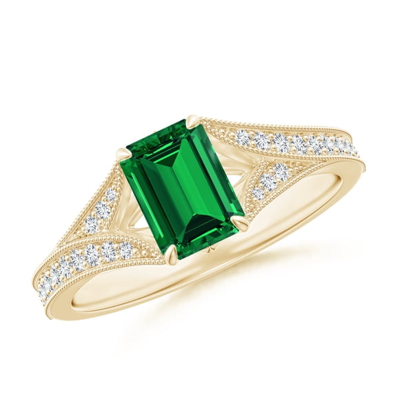 ANGARA Lab Grown 1 Ct Vintage Inspired Emerald Split Shank Engagement Ring for Women in 14K Yellow Gold (Size-7x5mm) | May Birthstone, Anniversary, Jewelry Gift for Women | Lab-Grown Emerald Ring