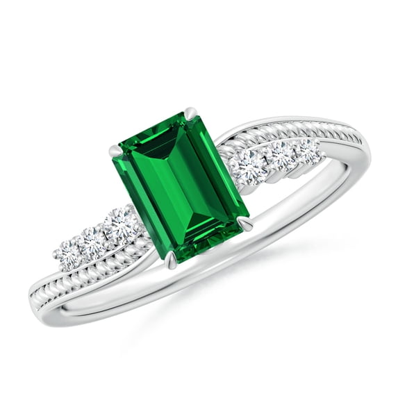 ANGARA Lab Grown 1 Ct Vintage Style Emerald Bypass Shank Engagement Ring for Women in 14K White Gold (Size-7x5mm) | May Birthstone, Anniversary, Jewelry Gift for Women | Lab-Grown Emerald Ring
