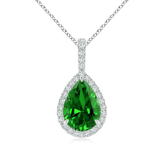 ANGARA Lab Grown 2.2 Ct Emerald Teardrop Pendant with Diamond Halo for Women in 14K White Gold (Size-10x8mm) | May Birthstone, Anniversary, Jewelry Gift for Women | Lab-Grown Emerald Necklace