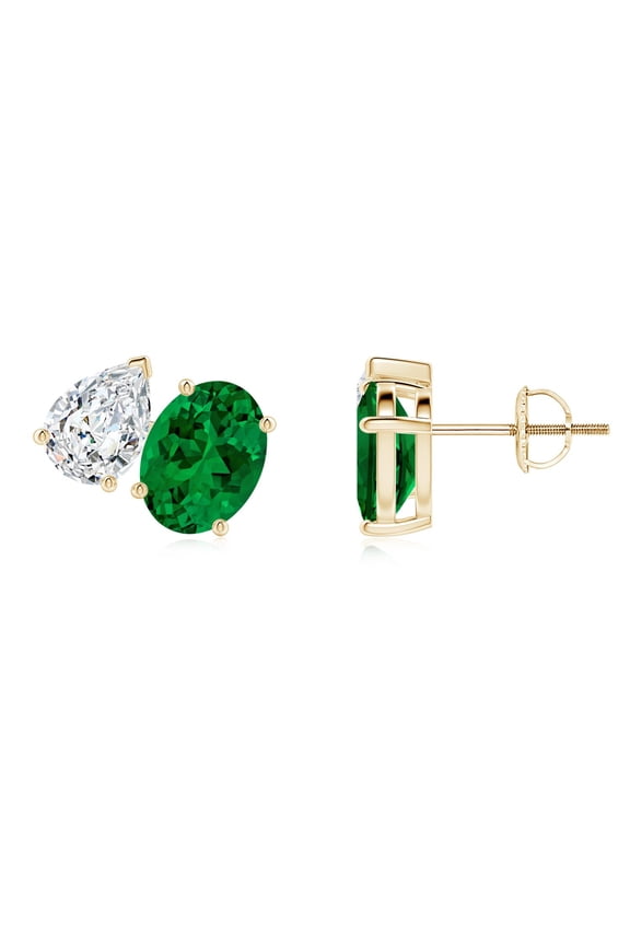 Lab Grown 2.2 Ct Oval Emerald and Pear Diamond Two Stone Earrings for Women in 14K Yellow Gold (Size-8x6mm) | May Birthstone, Anniversary, Jewelry Gift for Women | Lab-Grown Emerald Earrings
