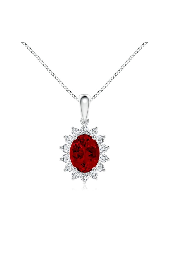 Lab Grown 2 Ct Oval Ruby Pendant with Floral Halo for Women in 14K White Gold (Size-9x7mm) | July Birthstone, Birthday, Anniversary, Jewelry Gift for Women | Lab-Grown Ruby Necklace