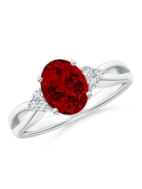 Lab Grown 2 Ct Ruby Split Shank Engagement Ring with Trio Diamonds for Women in 925 Sterling Silver (Size-9x7mm) | July Birthstone, Anniversary, Jewelry Gift for Women | Lab-Grown Ruby Ring