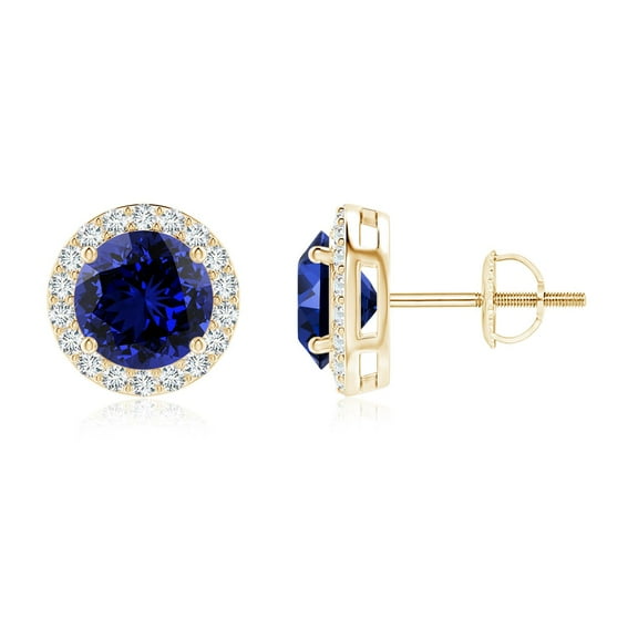 ANGARA Lab Grown 3.2 Ct Vintage-Inspired Blue Sapphire Stud Earrings for Women in 14K Yellow Gold (Size-7mm) | Anniversary, Jewelry Gift for Women | Lab-Grown Blue Sapphire Earrings