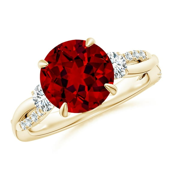 ANGARA Lab Grown 3.57 Ct Three Stone Round Ruby & Diamond Engagement Ring for Women in 14K Yellow Gold (Size-9mm) | July Birthstone, Anniversary, Jewelry Gift for Women | Lab-Grown Ruby Ring