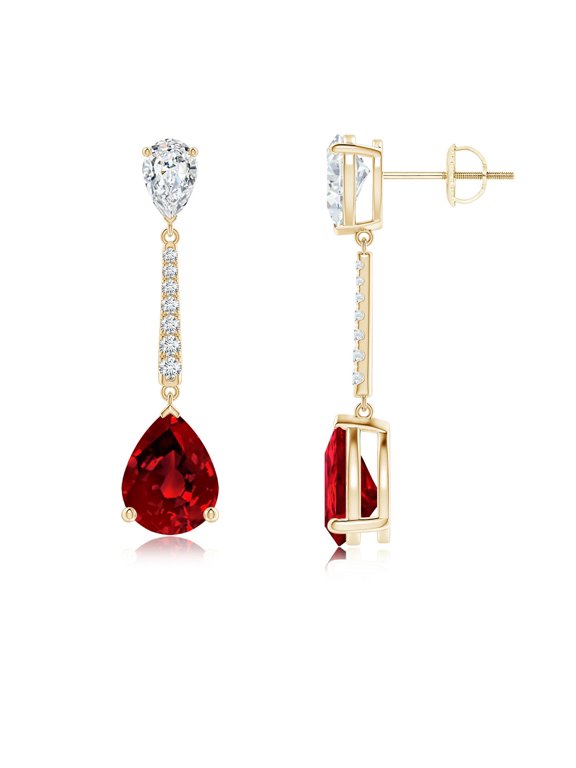 Lab Grown 3.8 Ct Pear-Shaped Ruby and Diamond Bar Drop Earrings for Women in 14K Yellow Gold (Size-9x7mm) | July Birthstone, Anniversary, Jewelry Gift for Women | Lab-Grown Ruby Earrings