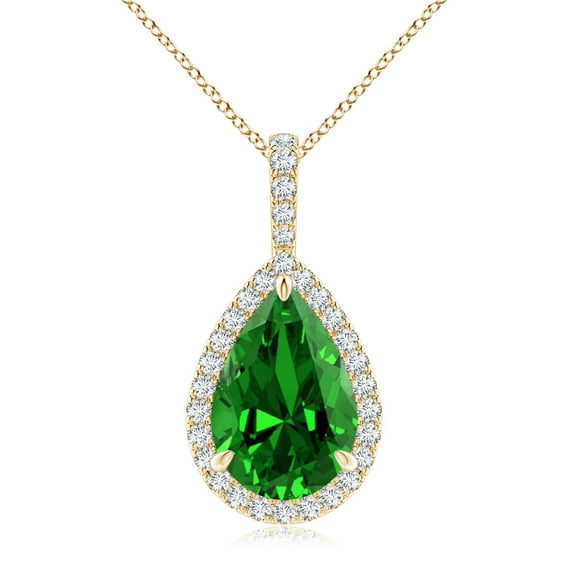 ANGARA Lab Grown 4.14 Ct Emerald Teardrop Pendant with Diamond Halo for Women in 14K Yellow Gold (Size-12x10mm) | May Birthstone, Anniversary, Jewelry Gift for Women | Lab-Grown Emerald Necklace
