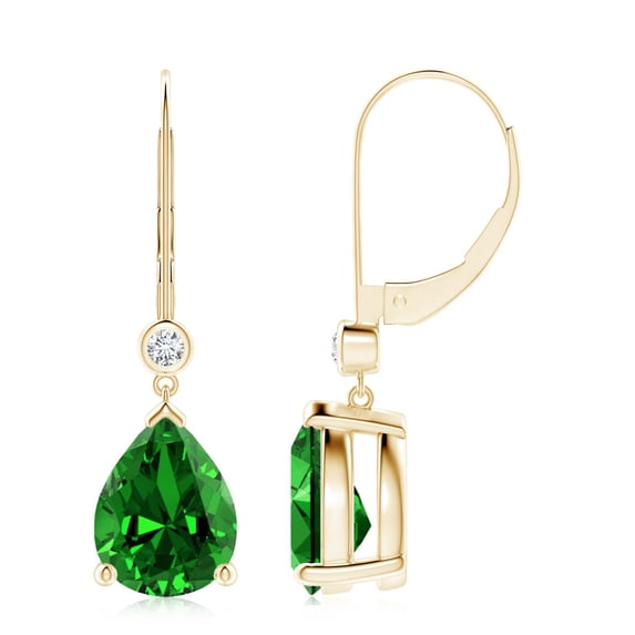 ANGARA Lab Grown 4.4 Ct Emerald Leverback Drop Earrings with Lab Diamond for Women in 14K Yellow Gold (Size-10x8mm) | May Birthstone, Anniversary, Jewelry Gift for Women | Lab-Grown Emerald Earrings